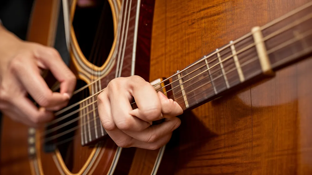 Nahaufnahme von Händen, die einen G-Dur-Akkord auf einer Gitarre greifen