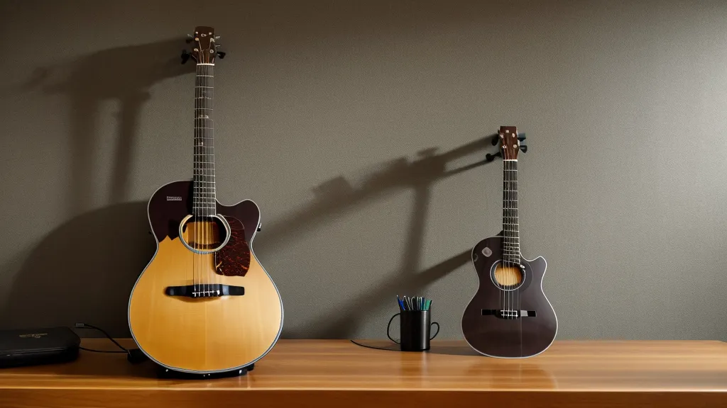 Strukturierter Arbeitsplatz mit Songliste und Gitarrenzubehör eines erwachsenen Lernenden.