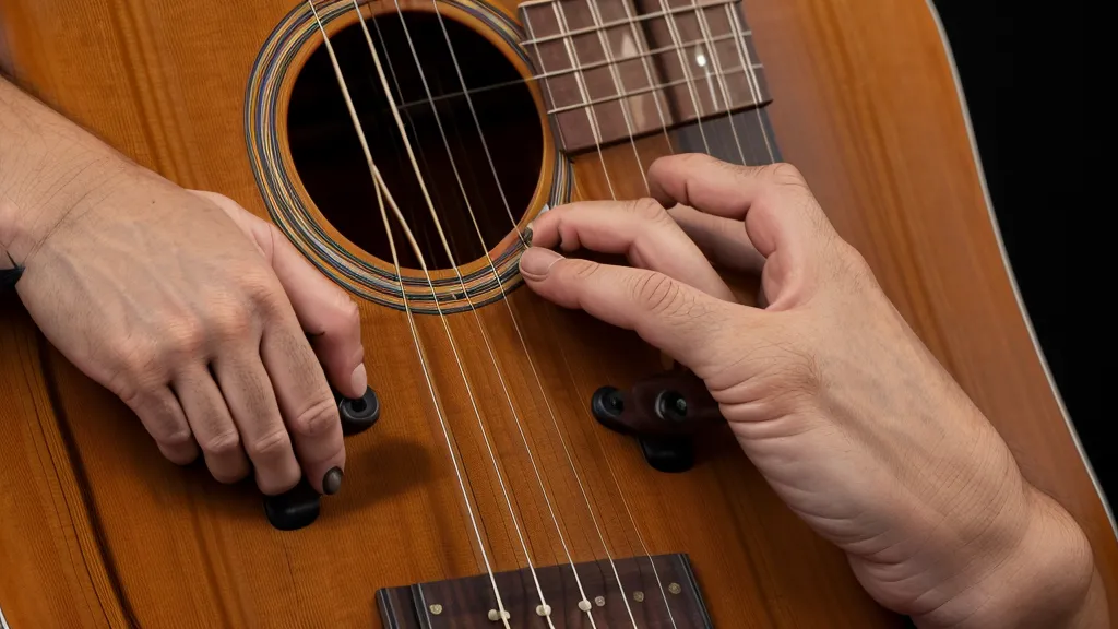 Nahaufnahme einer Hand beim Greifen eines Akkords auf einer Akustikgitarre.