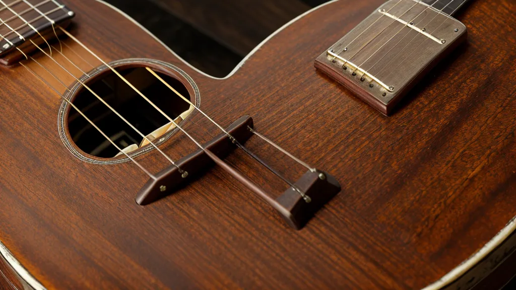 Nahaufnahme der Kopfplatte einer akustischen Gitarre mit sechs Saiten im warmen Licht