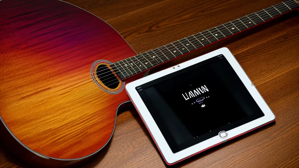 Tablet zeigt eine Gitarren-Lern-App mit bunten Noten auf einem virtuellen Griffbrett