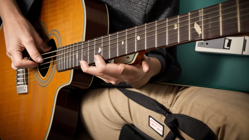 Laptop zeigt eine Video-Lektion eines Gitarrenkurses neben einem handgeschriebenen Übungsplan
