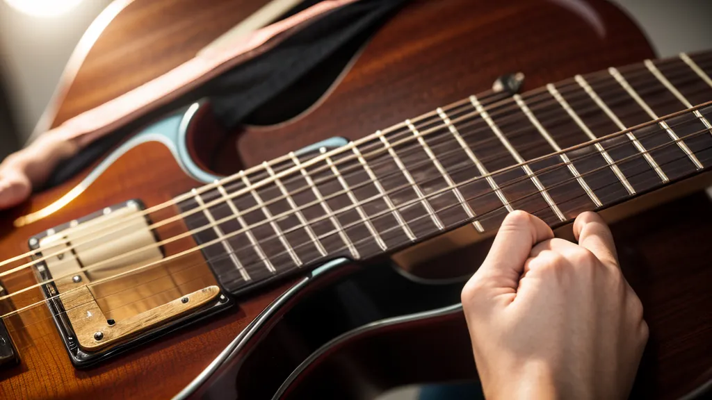 Detailaufnahme einer Hand, die einen Akkord auf dem Gitarrenhals greift