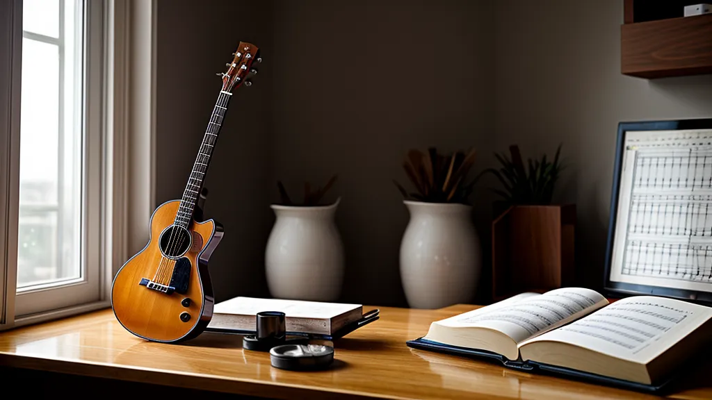 Strukturierter Arbeitsplatz mit Übungsplan und Gitarrenzubehör