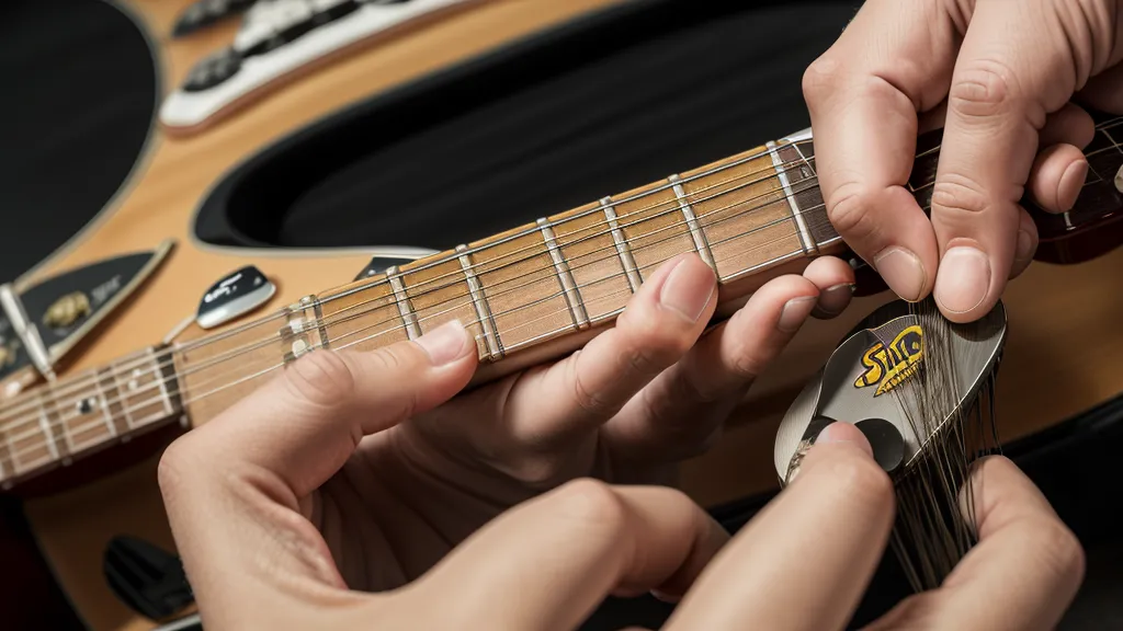 Nahaufnahme einer Hand mit Plektrum über den Saiten einer E-Gitarre vor einem Tablet