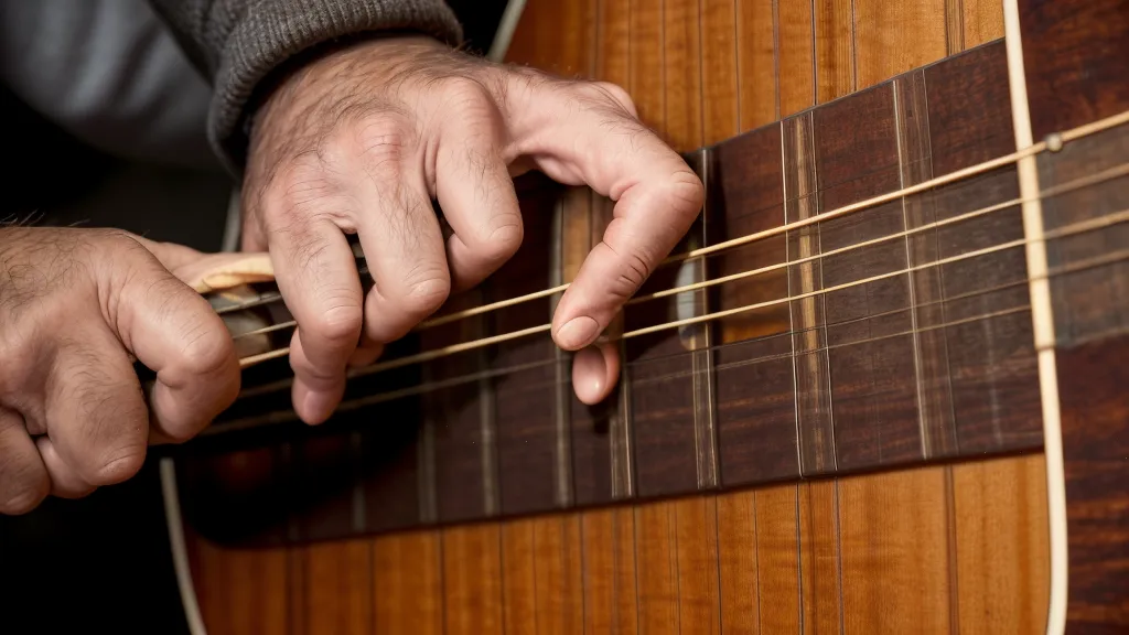 Nahaufnahme einer Hand beim Greifen eines Akkords auf einer Gitarre mit dünnen Saiten.