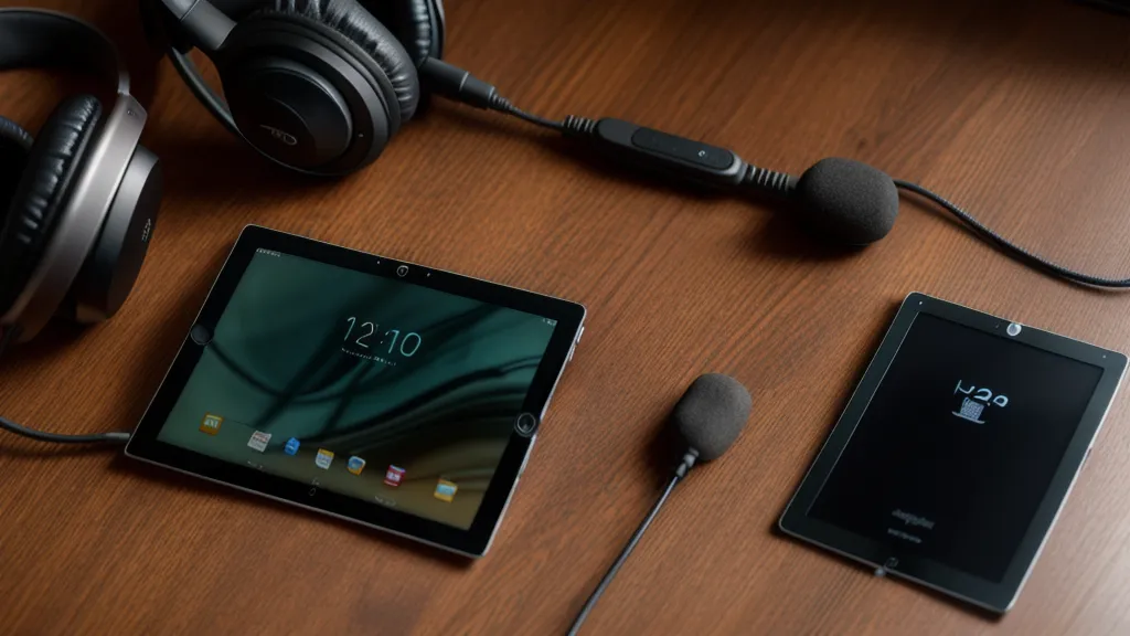 Nahaufnahme eines Tablets mit Griffbildern und kabelgebundenen Kopfhörern auf einem Schreibtisch.