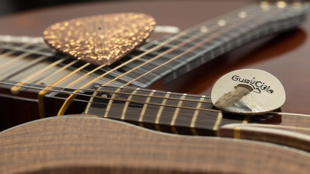 Gitarrensaiten und ein Plektrum liegen auf einem systematischen Projektplaner-Notizbuch.