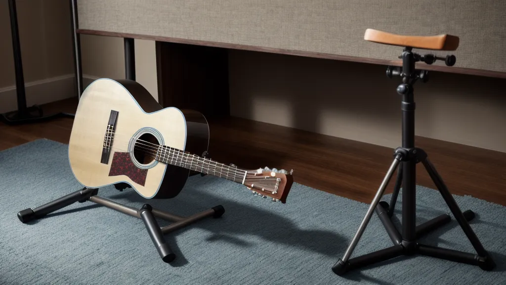 Ein beleuchteter Notenständer mit Tablet und Gitarre in einem ruhigen Wohnzimmer.