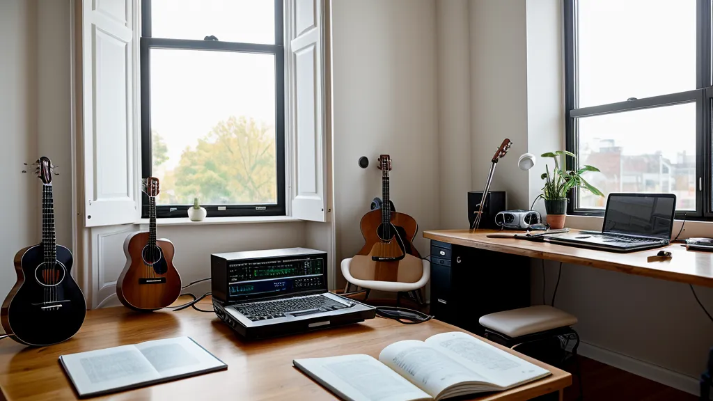 Notizbuch mit Übungsplan und Taschenrechner zur Kostenkontrolle beim Gitarre lernen