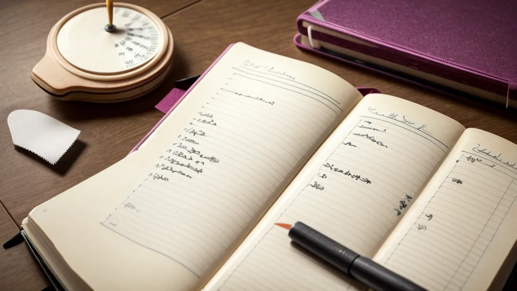 Handschriftliches Übungstagebuch mit Metronom und Plektrum auf einem Holztisch
