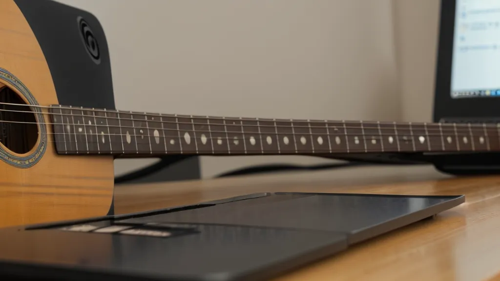 Laptop mit einem Online-Gitarrenkurs und einer Kaffeetasse auf dem Schreibtisch