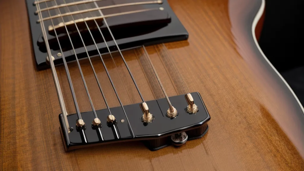 Nahaufnahme einer Gitarre in einem sicheren Wandhalter mit mechanischem Verschluss.
