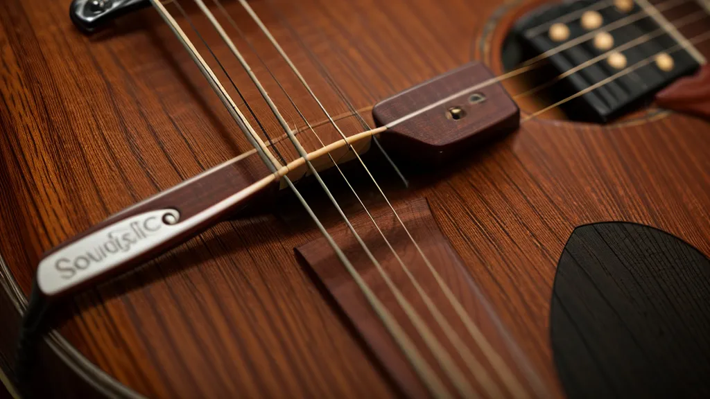 Nahaufnahme der sechs Saiten einer akustischen Gitarre mit Fokus auf die Holztextur
