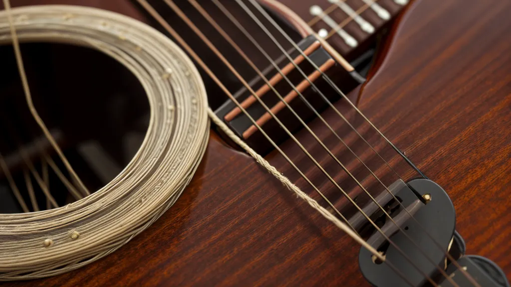 Detailaufnahme der sechs Saiten einer akustischen Gitarre