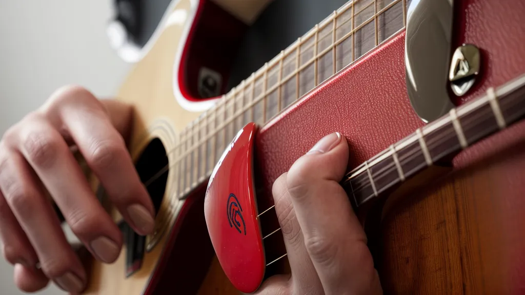 Nahaufnahme einer Hand mit Plektrum vor Gitarrensaiten.