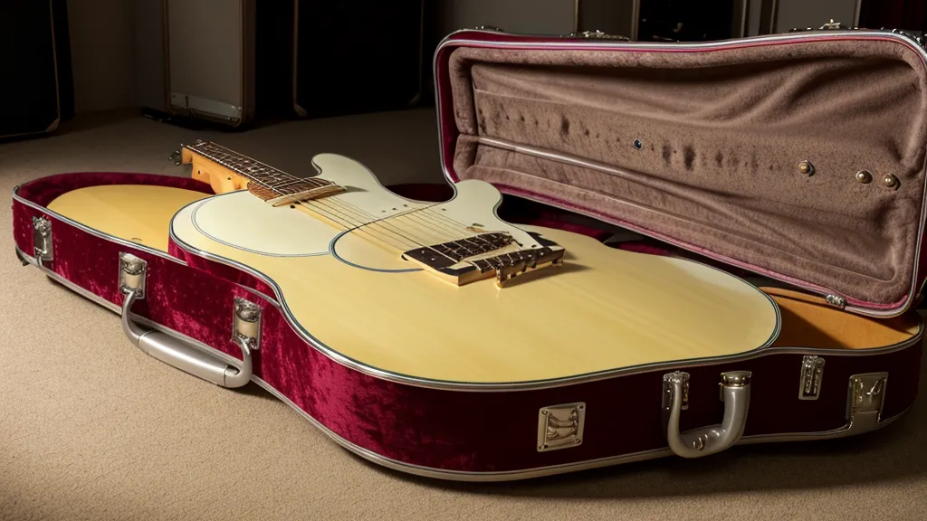 Ein geöffneter alter Gitarrenkoffer mit einer E-Gitarre auf Samtfutter.