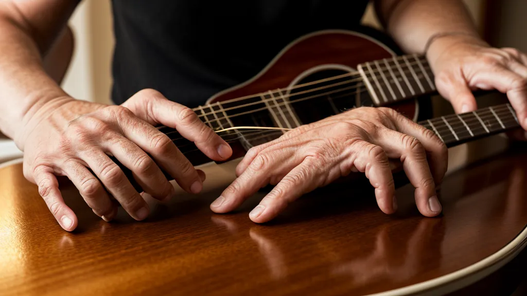 Nahaufnahme von Händen beim Üben eines Akkords vor einem Online-Gitarrenkurs
