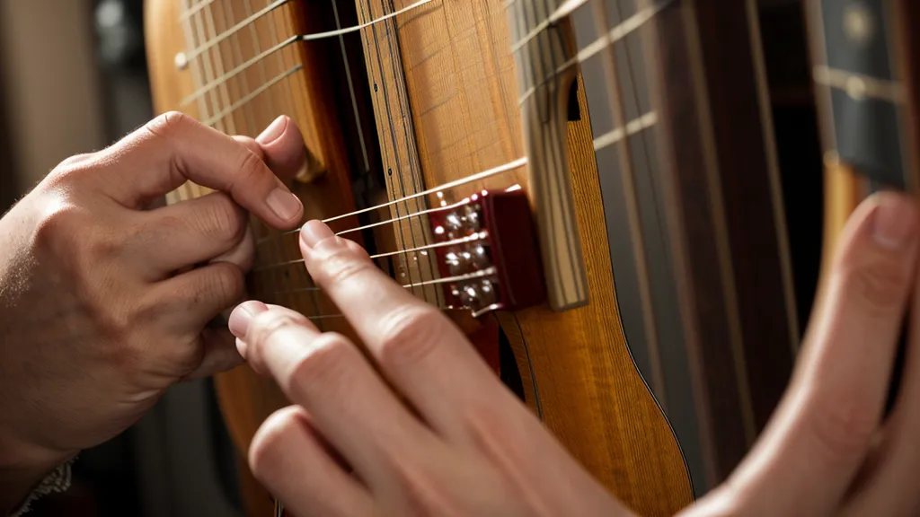 Close-up of fingers pressing guitar strings with progress log in background