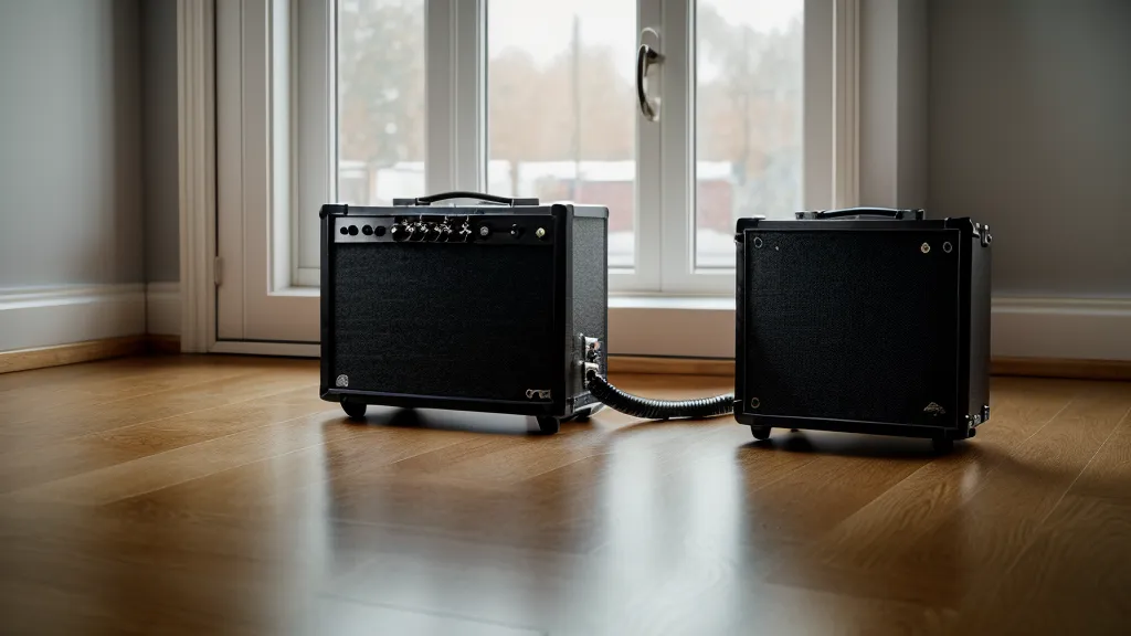 Ein kleiner Übungsverstärker für Gitarrenanfänger in einer aufgeräumten Zimmerecke.