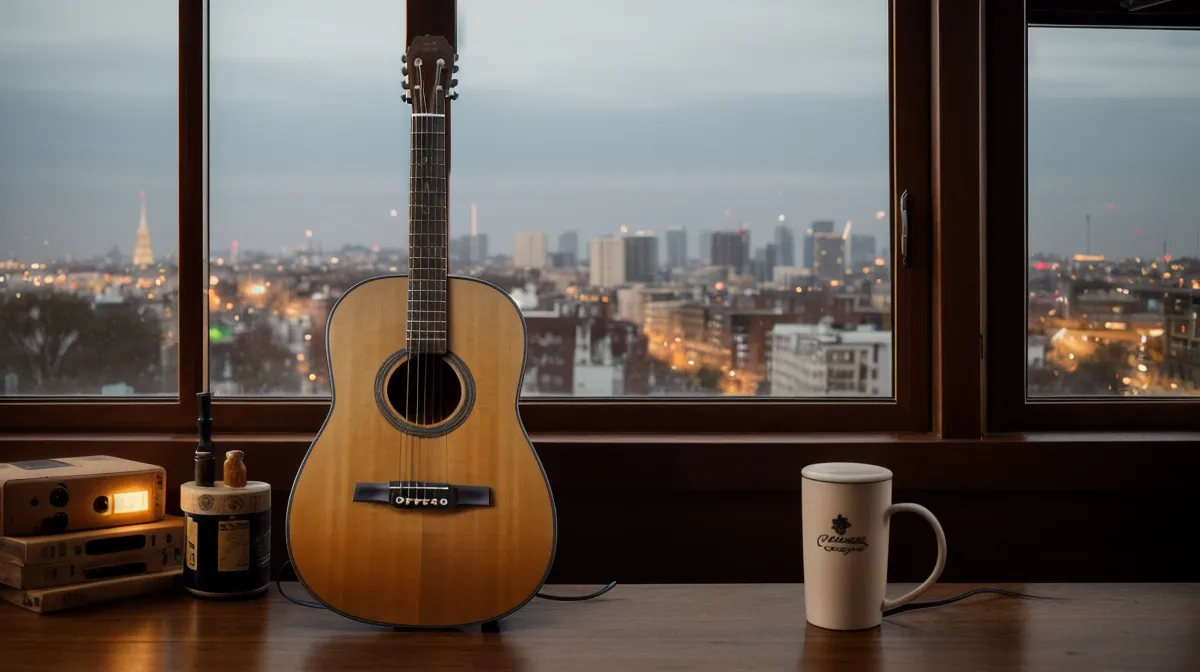 Michigit Gitarrenkurs Test für vielbeschäftigte Väter - E-Gitarre und Laptop als Symbol für den Wiedereinstieg als Erwachsener