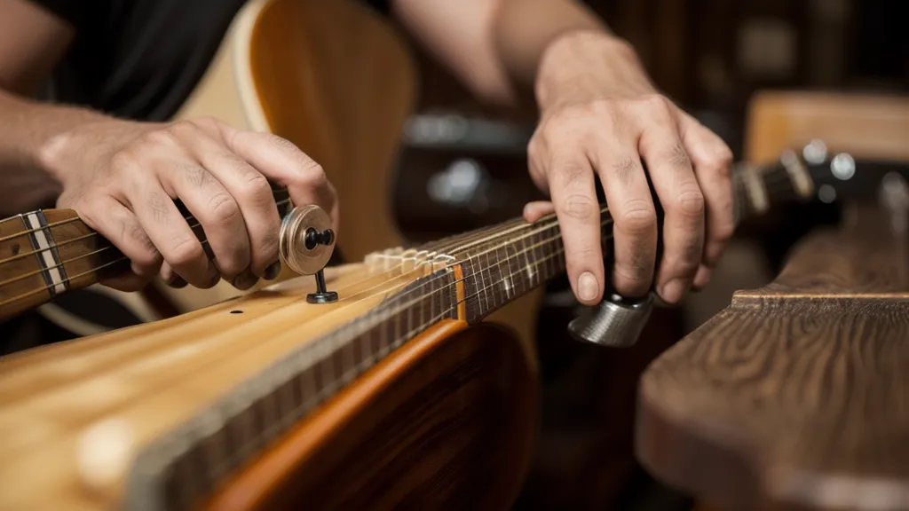 Nahaufnahme einer gerissenen Gitarrensaite beim Stimmversuch - typische Hürde beim Gitarre-Wiedereinstieg nach Jahren Pause