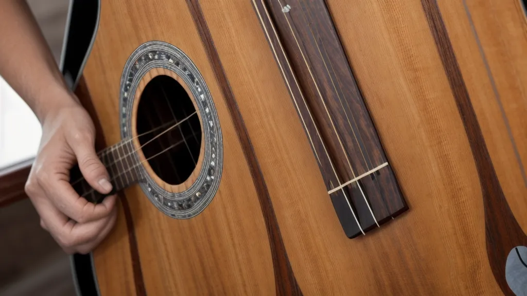 Nahaufnahme eines Barre-Akkords auf dem Griffbrett einer Akustikgitarre - Übung aus dem Michigit Gitarrenkurs für Wiedereinsteiger
