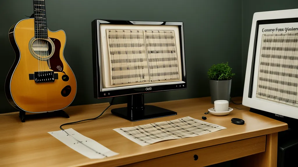 Monitor mit Gitarren-Lernsoftware und Metronom auf einem aufgeräumten Schreibtisch