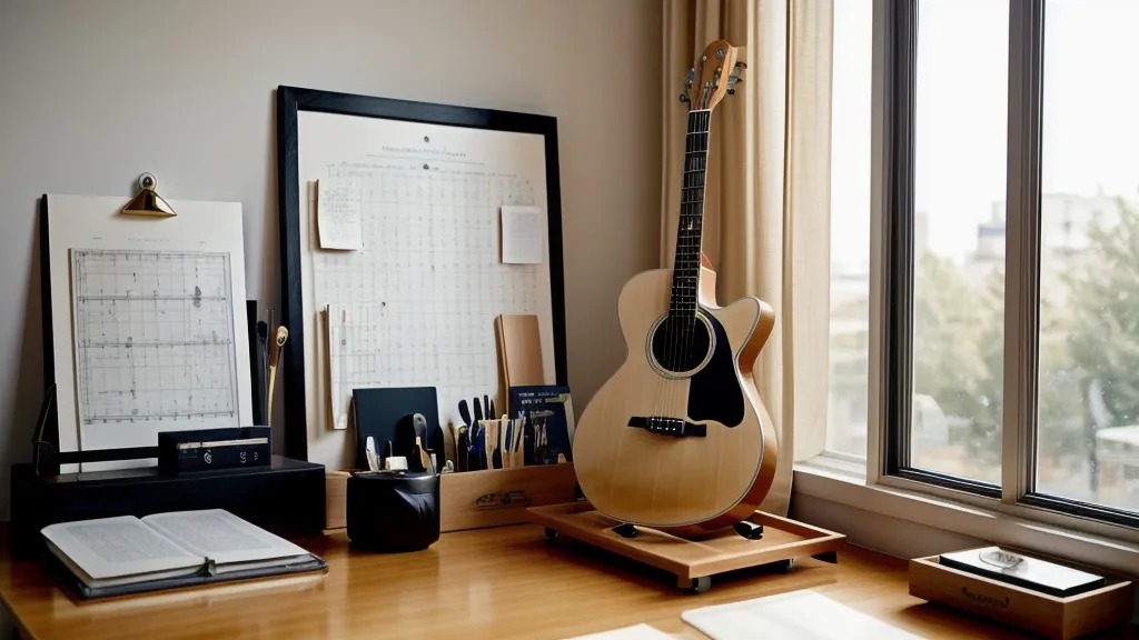 Übungsplatz mit Gitarre und Notizen zum Online-Kurs-Vergleich für Erwachsene