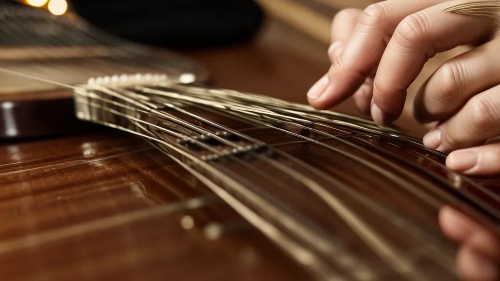 Nahaufnahme einer Hand beim Greifen von Gitarrensaiten vor einem Laptop
