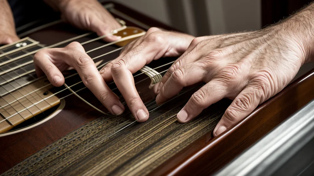 Nahaufnahme von Fingern auf Gitarrensaiten beim Üben am Morgen