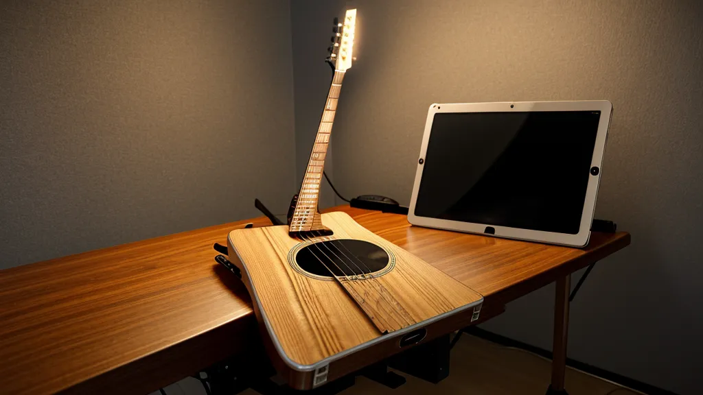 Tablet mit Online-Gitarrenkurs auf einem Notenständer