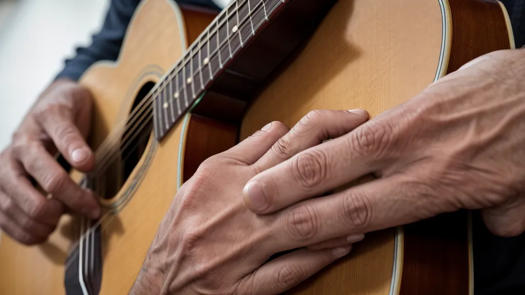 Nahaufnahme einer Hand beim Greifen eines Akkords auf der Akustikgitarre.
