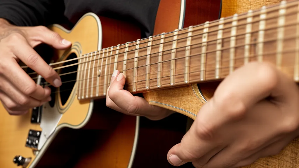 Nahaufnahme einer Hand am Gitarrenhals zur Verdeutlichung der Grifftechnik