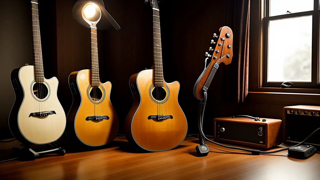 Ein Tablet zeigt eine Online-Gitarrenlektion auf einem Notenständer.