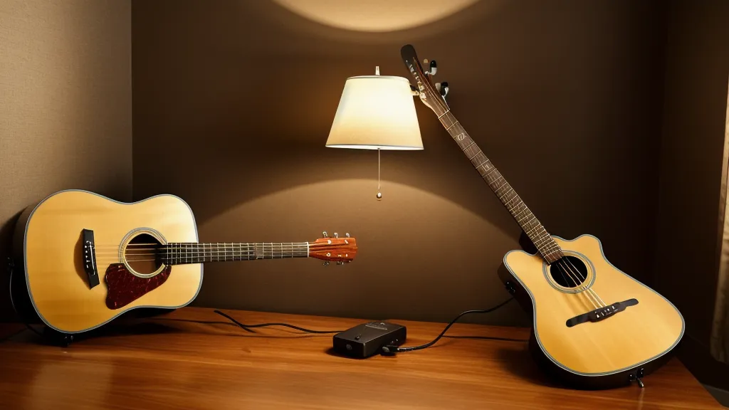 Ein Tablet mit einer Gitarren-Lern-App auf einem aufgeräumten Schreibtisch.