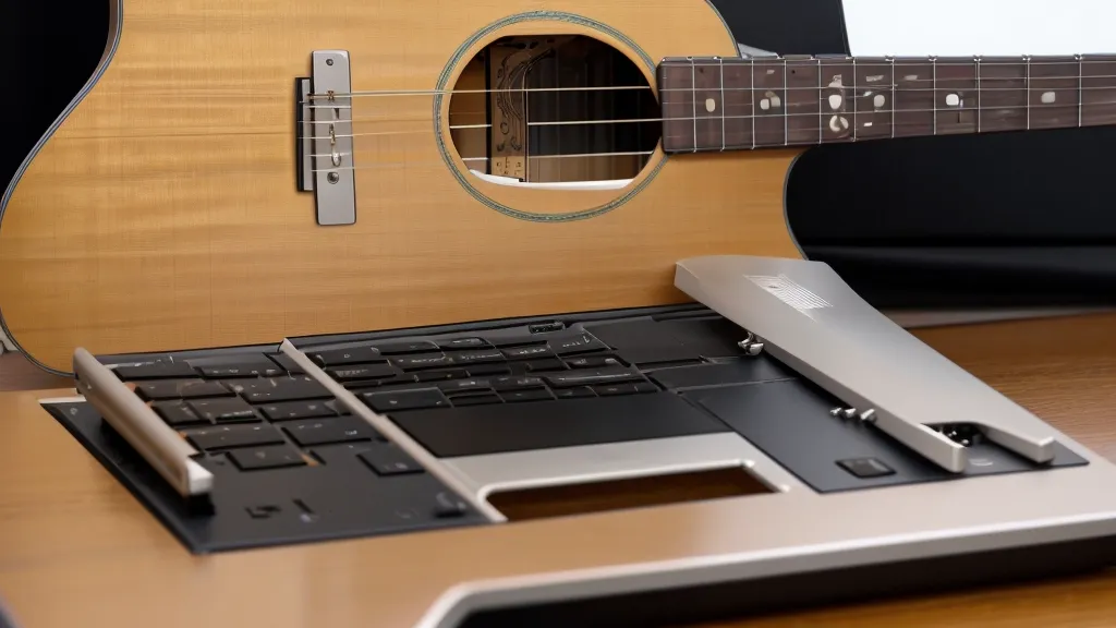 Laptop mit einer strukturierten Lernoberfläche neben einem Gitarrengriffbrett