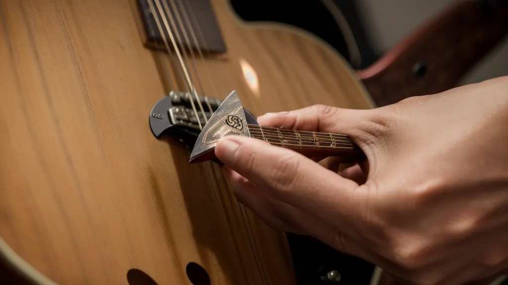 Detailaufnahme der Schlaghand beim Halten eines Plektrums über den Gitarrensaiten.