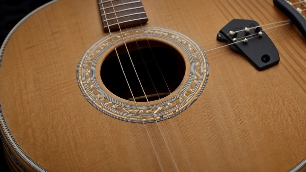 Seitenansicht einer Akustikgitarre mit Fokus auf die Saiten im Home Office.