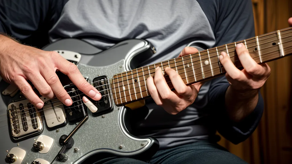Gitarrenpraxis vor einem Monitor mit flüssiger 60 fps Videodarstellung.