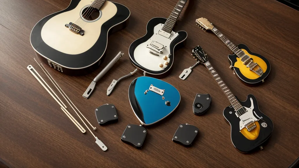 Gitarrenzubehör wie Kapodaster, Plektren und Saitenkurbel auf einem Holztisch.