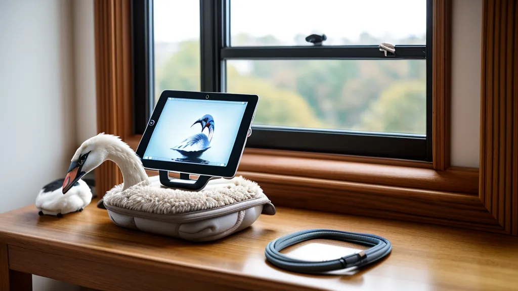 Tablet in einer Halterung neben einer Gitarre für ergonomisches Online-Lernen.